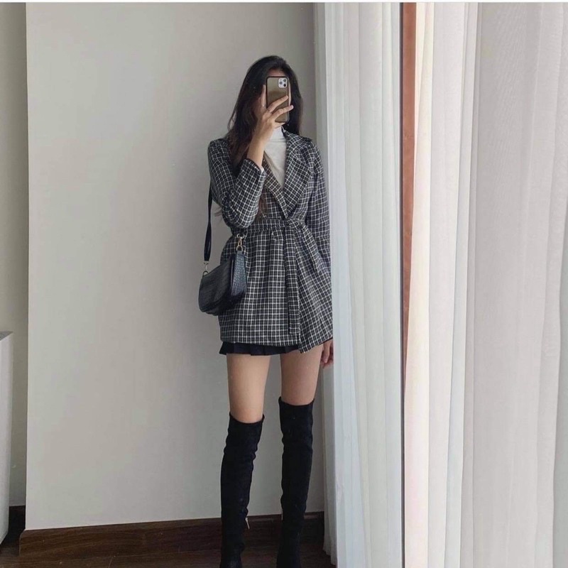 [Ảnh thật] Áo khoác dạ kẻ dáng rộng phong cách Hàn Quốc có kèm đai buộc