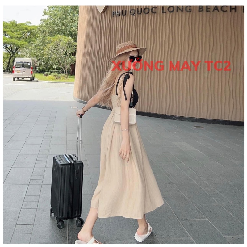 Đầm 2 Dây Thắt Nơ Vai Màu be phối đen, Váy  2 Dây Cột Nơ Vai Bánh Bèo, Maxi Đi Biển Form Chuẩn