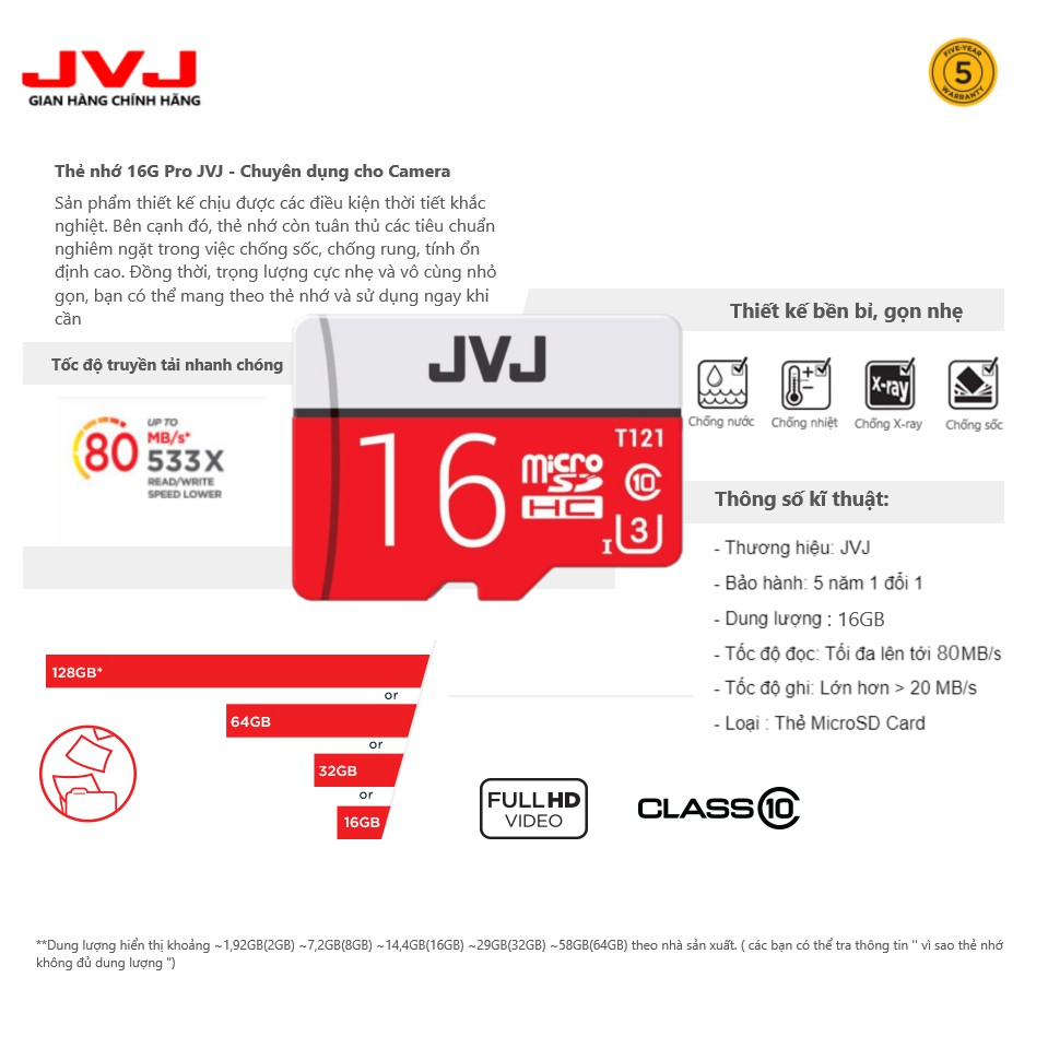 Thẻ nhớ 16Gb JVJ Pro U3 Class 10 - Chuyên dụng CAMERA, Điện thoại, Máy ảnh chuyển dụng tốc độ cao 90Mb/s