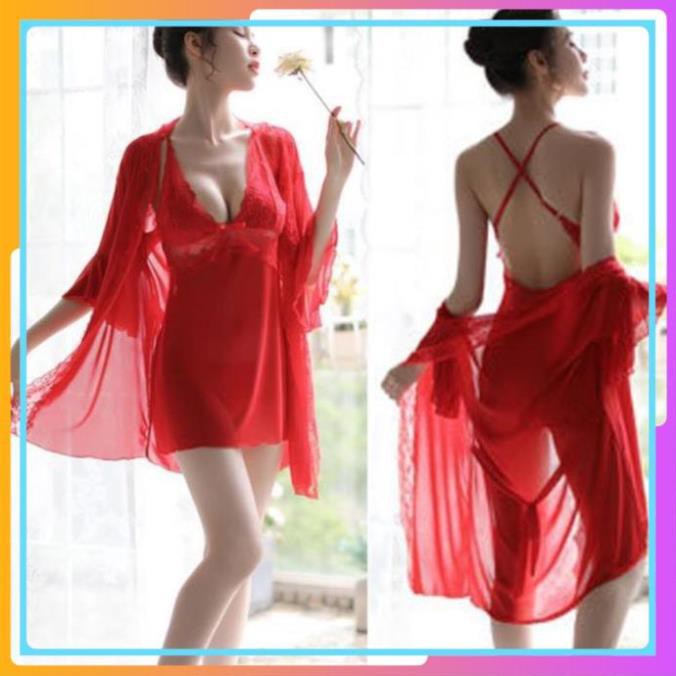 Bộ đồ ngủ áo choàng kèm váy ngủ 2 DÂY voan thun co giãn cao cấp, đầm ngủ mềm mại sang chảnh kimono nhật bản | BigBuy360 - bigbuy360.vn