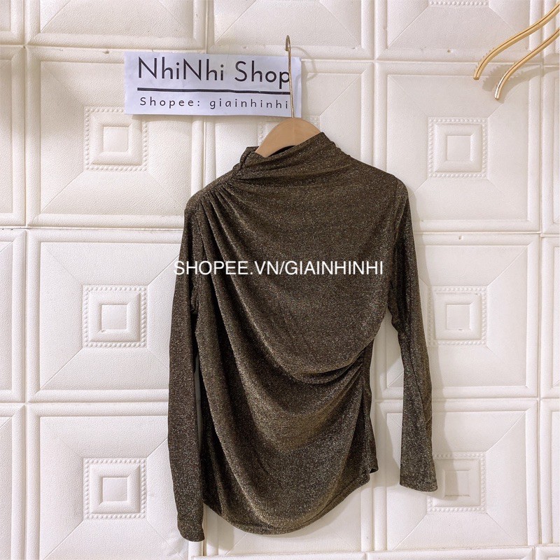 Áo nhũ rúm cổ leo 3p dài tay, Áo kiểu cổ cao vải nhũ AN1212- NhiNhi Shop
