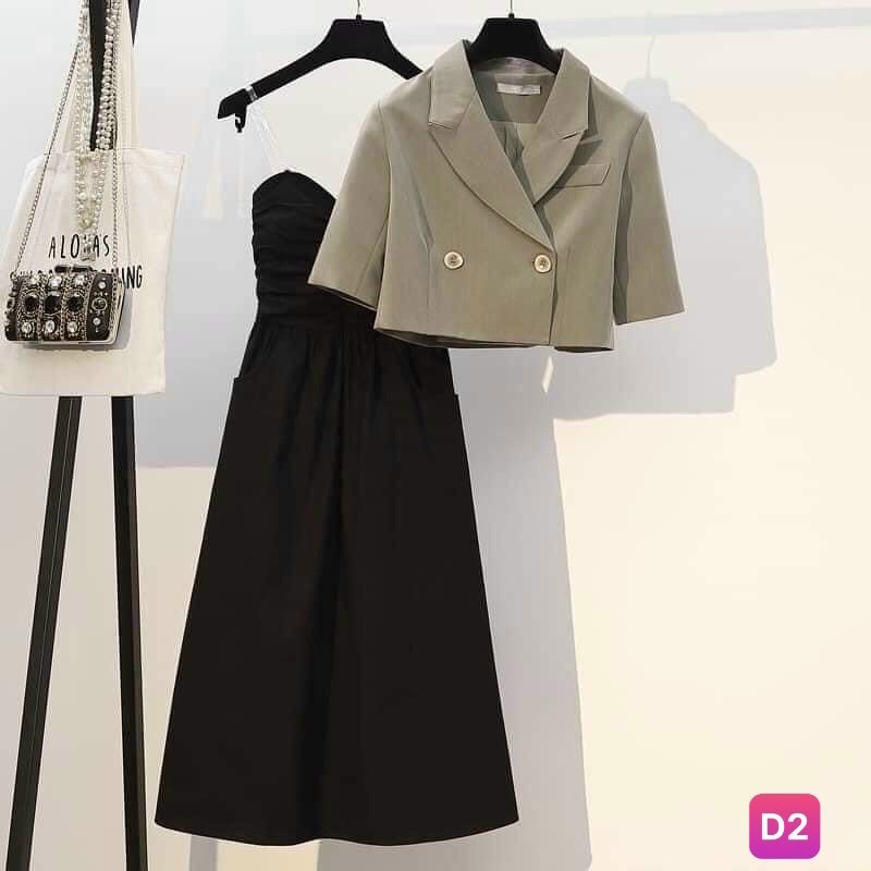 Set váy midi 2s kèm áo khoác vest croptop