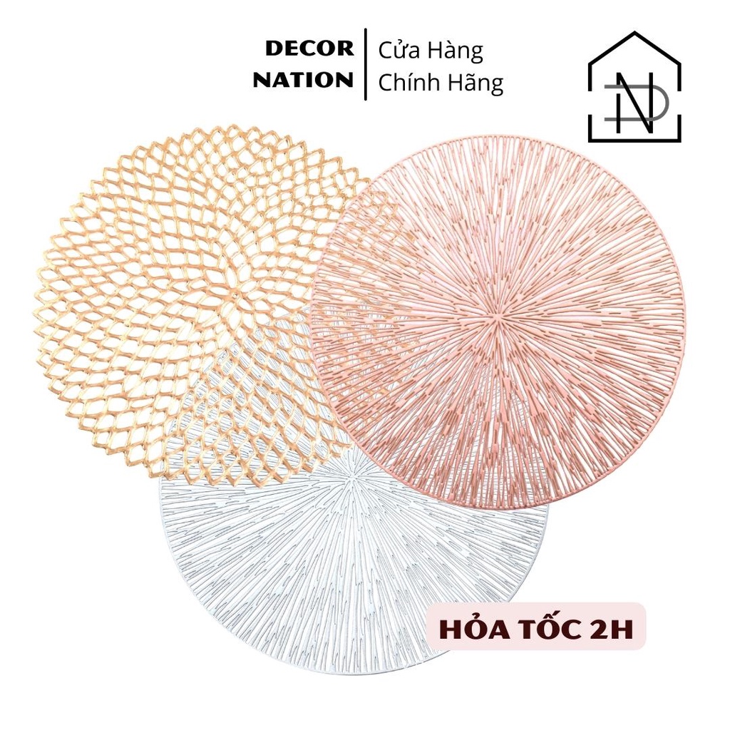 Tấm Lót Bàn Ăn Tròn Cách Nhiệt Nhựa dẻo PVC Silicon Vàng và Bạc Hoa Văn Tia Sáng | Lót Bình Hoa