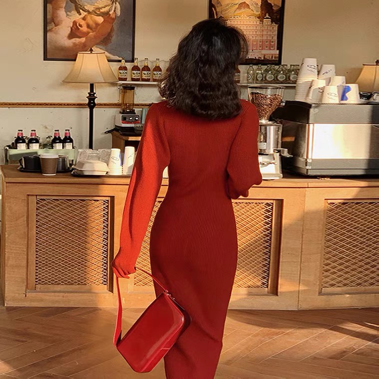 SUXI Đầm midi tay dài cổ chữ V dáng ôm thời trang mùa thu phong cách Hàn Quốc thanh lịch cho nữ
