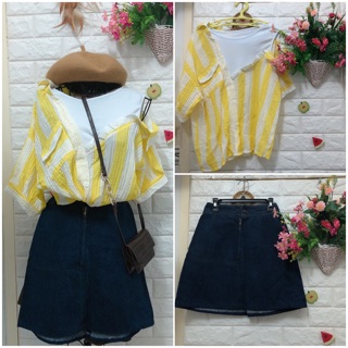 SET áo sơ mi rớt vai chân váy jean size S