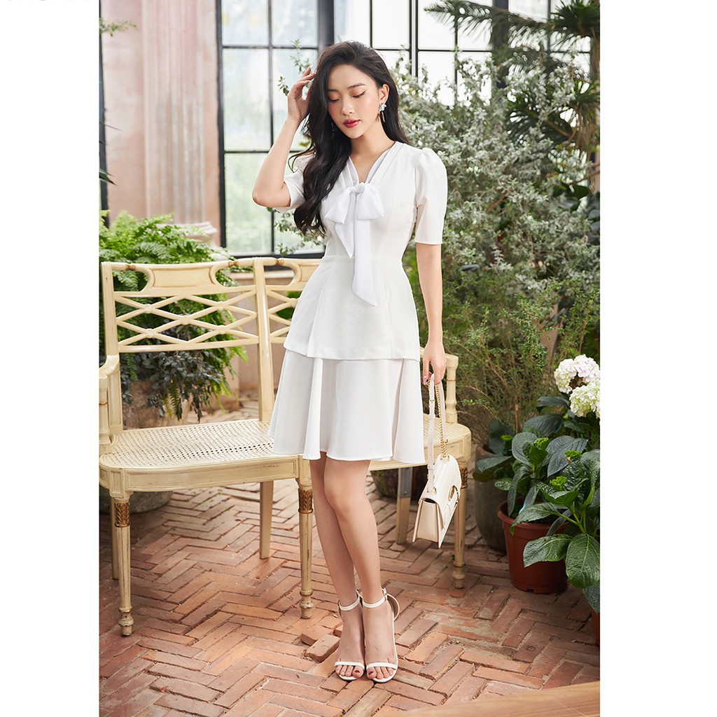 Đầm váy nữ công sở 92WEAR 2 MÀU, đủ size, nơ buộc cổ DEA1205