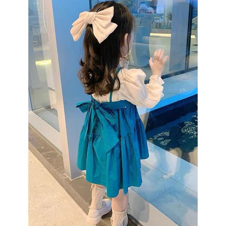 Váy Yếm Thắt Nơ Dài Tay Bồng Sang Chảnh Xinh Đẹp Cho Bé Gái 8-25kg