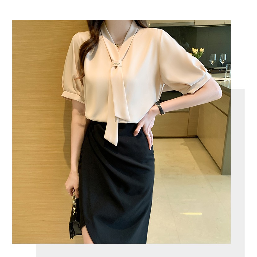 Áo sơ mi vải voan tay ngắn màu trơn thời trang mùa hè phong cách Hàn Quốc dành cho nữ