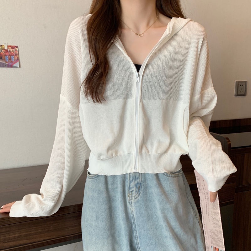 Áo Khoác Cardigan Dệt Kim Mỏng Dáng Rộng Có Mũ Trùm Phối Khóa Kéo Dài Tay Thời Trang Mùa Hè Dành Cho Nữ 2022