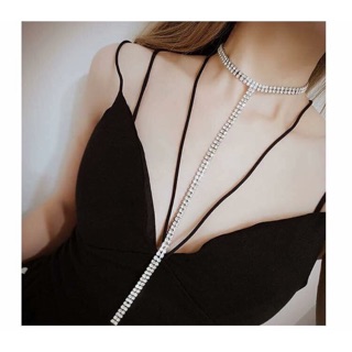 Choker dây đeo cổ kim loại 2 hàng đá sợi rơi dài Bông Accessories