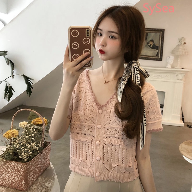 Áo dệt kim ngắn tay thời trang mùa hè nữ tính thanh lịch