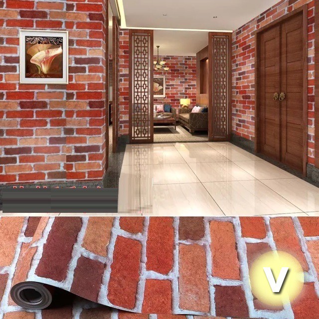 XẢ 10m Giấy dán tường Gạch nâu đỏ cổ có sẵn keo khổ rộng 45cm