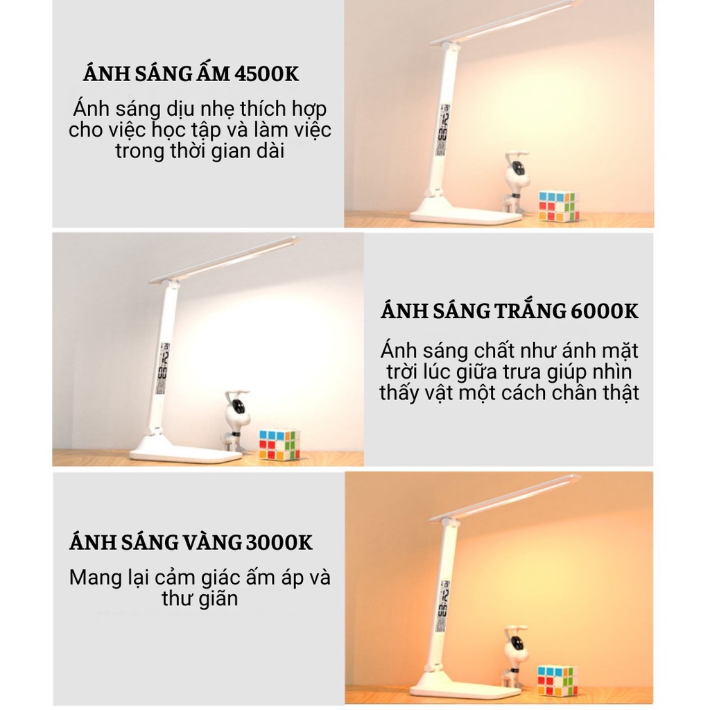 Đèn LED Để Bàn Đa Năng, Đèn Học Để Bàn Chống Cận Cao Cấp Với 3 Màu Sáng Và Đồng Hồ LCD Sắc Nét