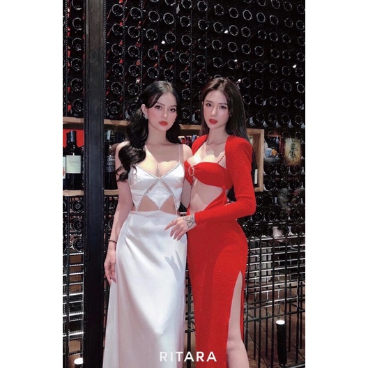 Set áo croptop tay dài + Đầm maxi khoen ngực xẻ tà