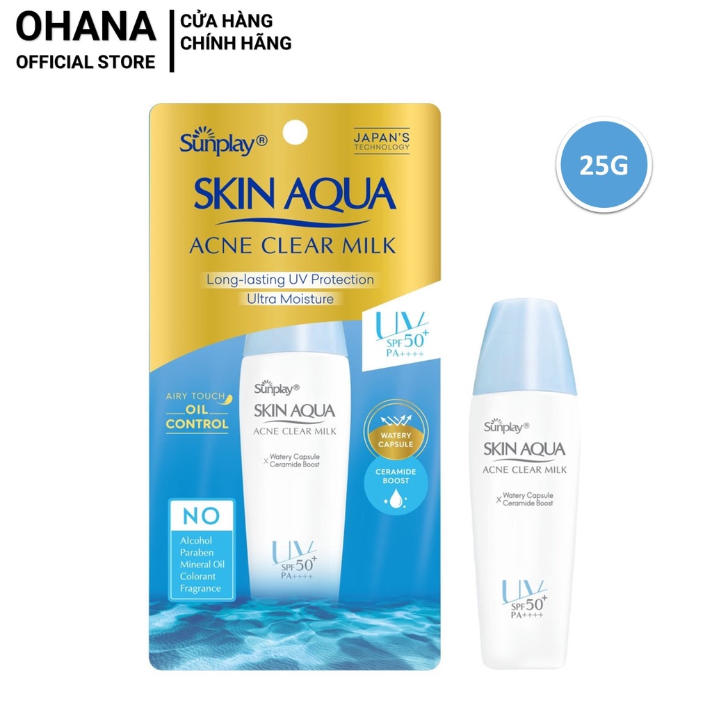 Sữa chống nắng dưỡng ẩm, ngừa mụn, kiềm dầu Sunplay Skin Aqua ACNE CLEAR MILK SPF50+ PA++++ 25g