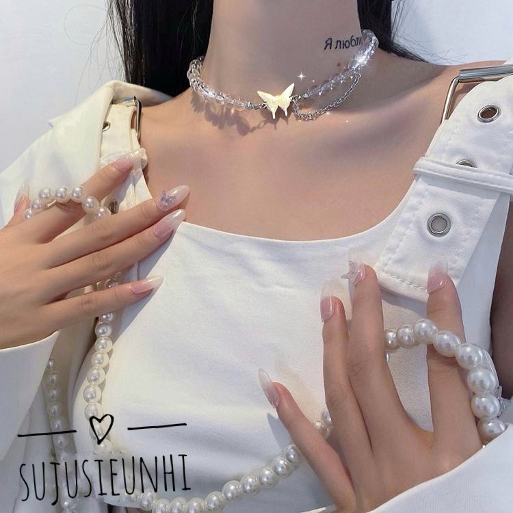 (CÓ VIDEO)Vòng cổ choker ngọc trắng trong suốt chain bướm