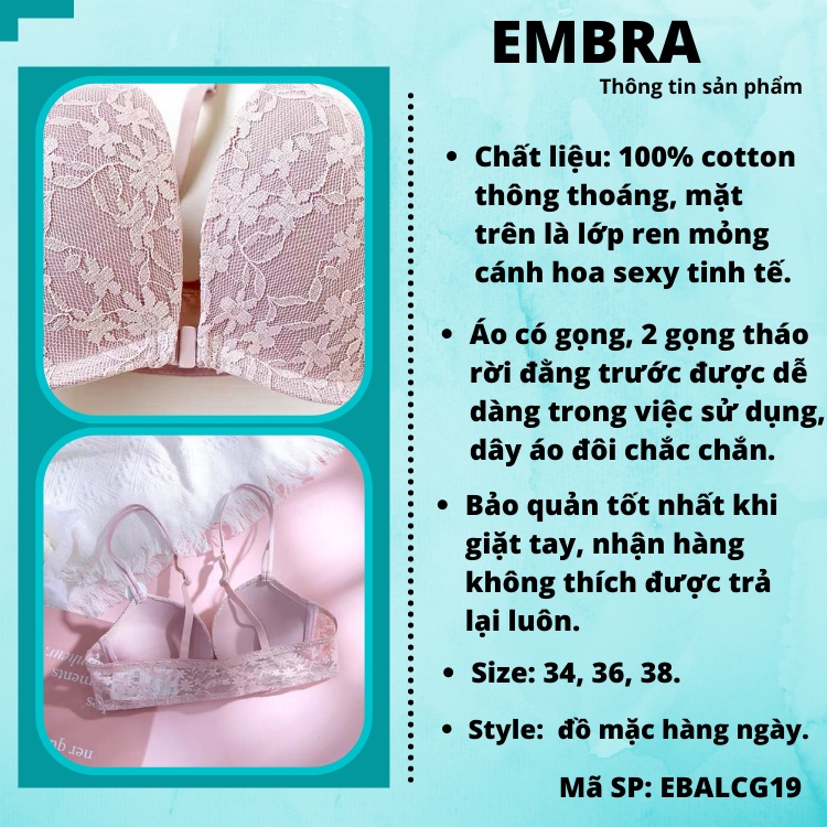 Áo lót nữ có gọng quả chéo khuy cài trước hoạ tiết ren hoa sexy mút 1cm mã EBALCG19