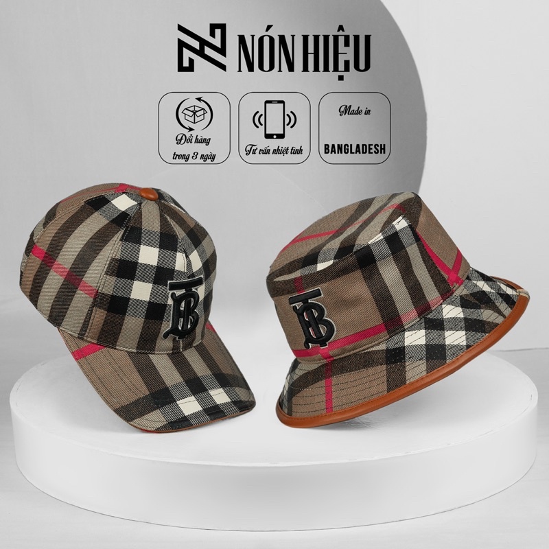 Mũ lưỡi trai - Nón Bucket phối viền da hoạ tiết Burberry MADE IN BANGLADESH Full Tem Mark hãng