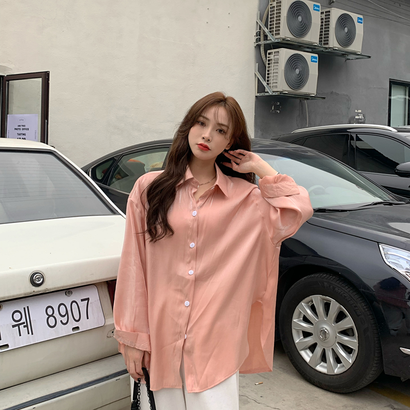 Áo sơ mi nữ dài tay màu hồng sáng nhũ phong cách cổ điển