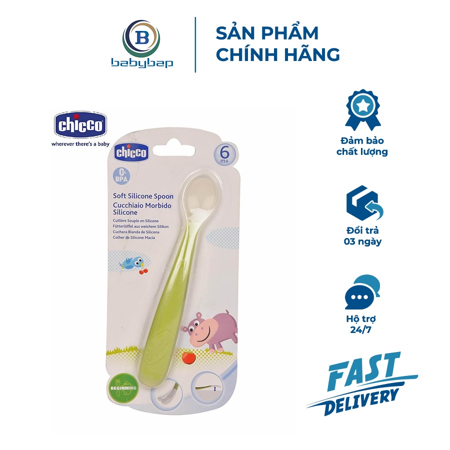 Thìa Ăn Silicone Chicco Cán Thìa Cong, Giúp Mẹ Cầm, Múc Thức Ăn Dễ Dàng