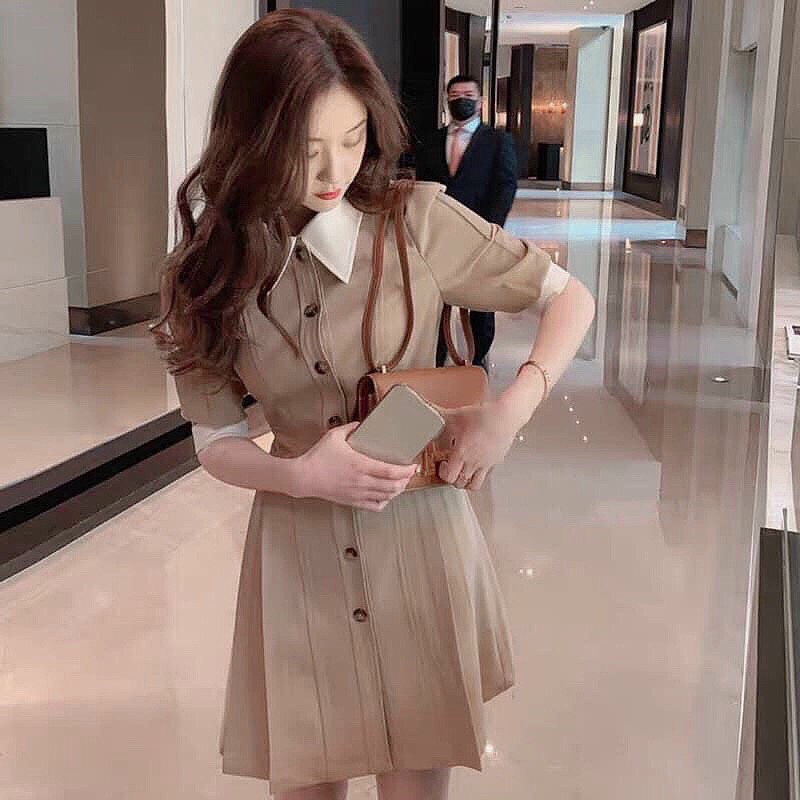 Đầm cổ sen dạo phố màu nâu nhạt chíp eo tôn dáng - Beona Dress | BigBuy360 - bigbuy360.vn