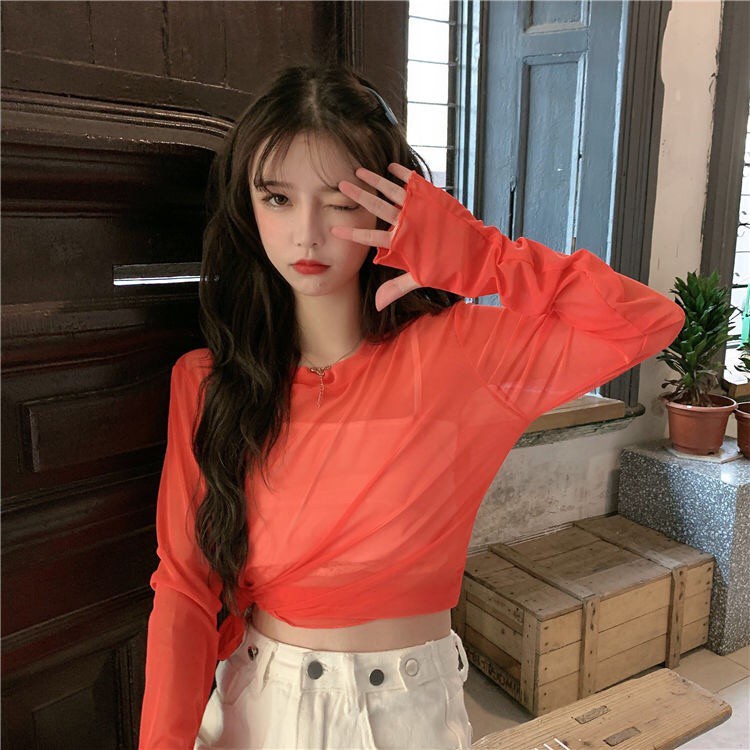 Áo Tay Dài Dáng Rộng Màu Trơn Phối Lưới Thời Trang Hè Phong Cách Hàn Quốc Cho Nữ