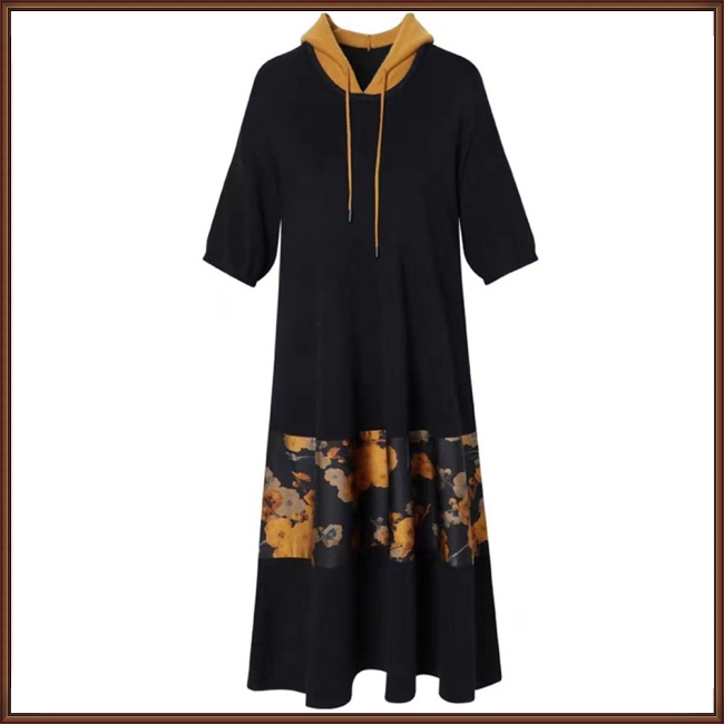 Đầm Hoodie Tay 3/4 Dáng Rộng In Họa Tiết Hoa Màu Tương Phản Thời Trang Cho Nữ