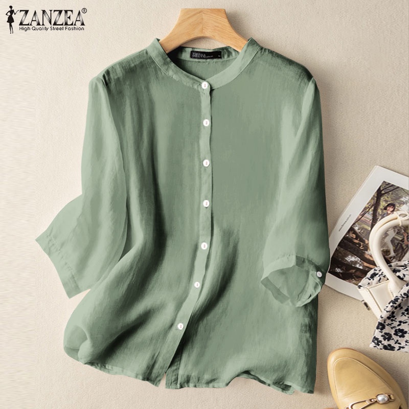 Áo sơ mi ZANZEA tay lửng cổ tròn màu trơn thời trang dành cho nữ