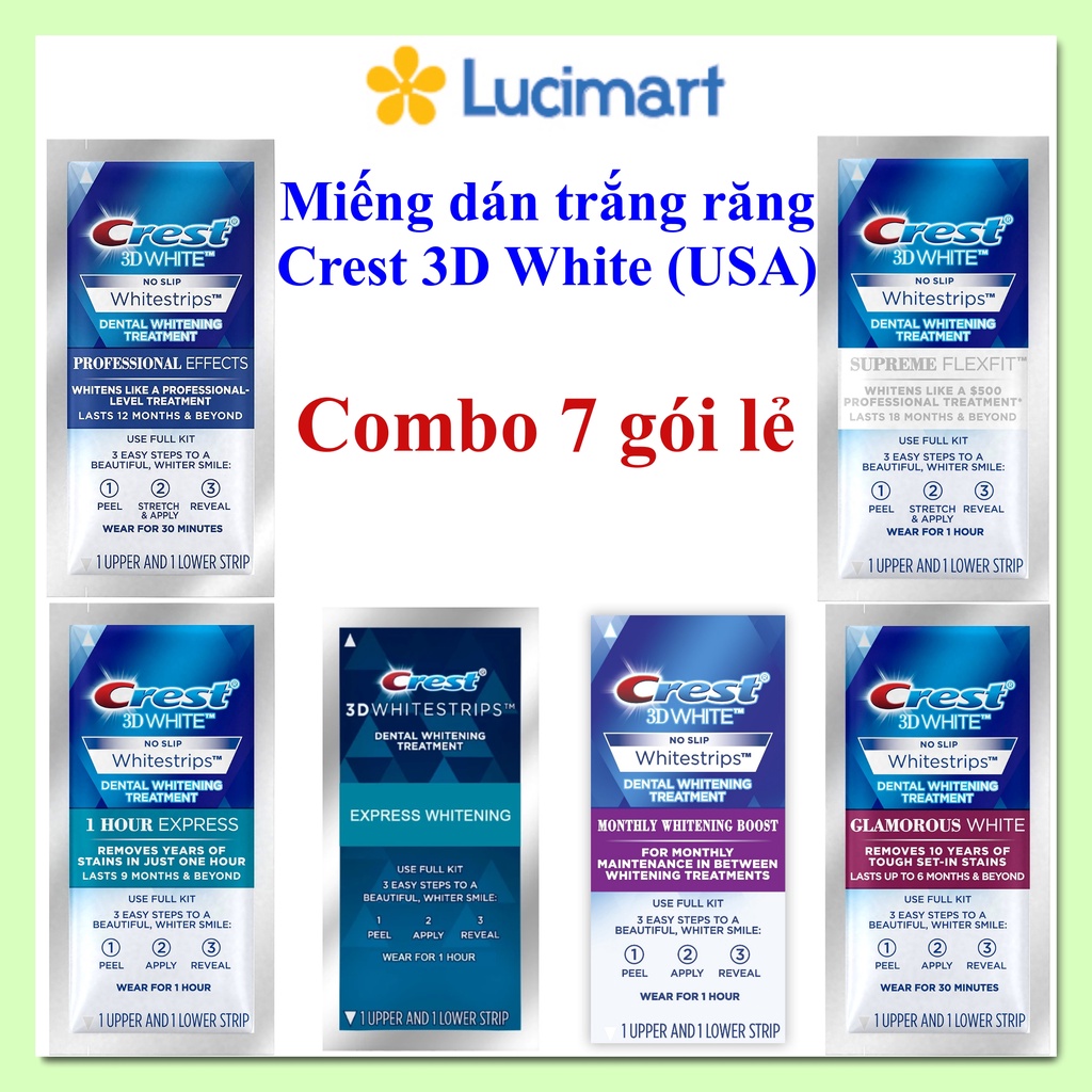 Miếng dán trắng răng Crest 3D White Whitestrips, Combo 7 gói lẻ đủ loại [Hàng Mỹ]