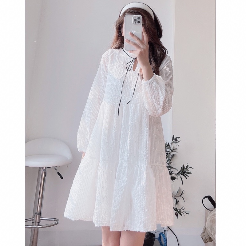 Váy babydoll cổ nơ HẠT GẠO NỔI siêu tiểu thư (hàng sẵn)
