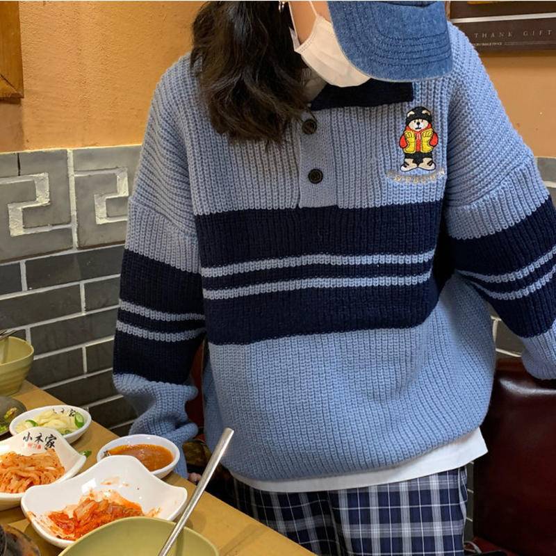 Áo Sweater Dệt Kim Cổ Polo Kẻ Sọc Xanh Dương In Họa Tiết Hoạt Hình Dày Dặn Ấm Áp