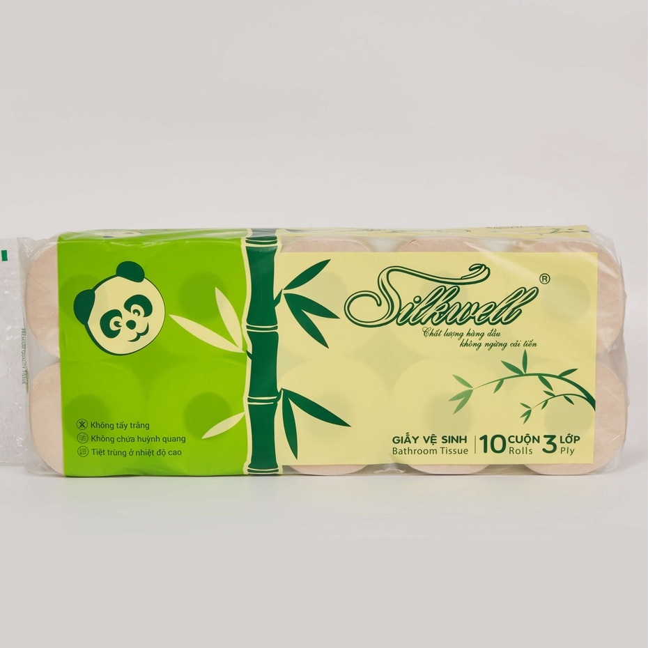Giấy vệ sinh gấu trúc Silkwell 10 cuộn 3 lớp có lõi, giấy vệ sinh không tẩy trắng, an toàn hàng chính hãng