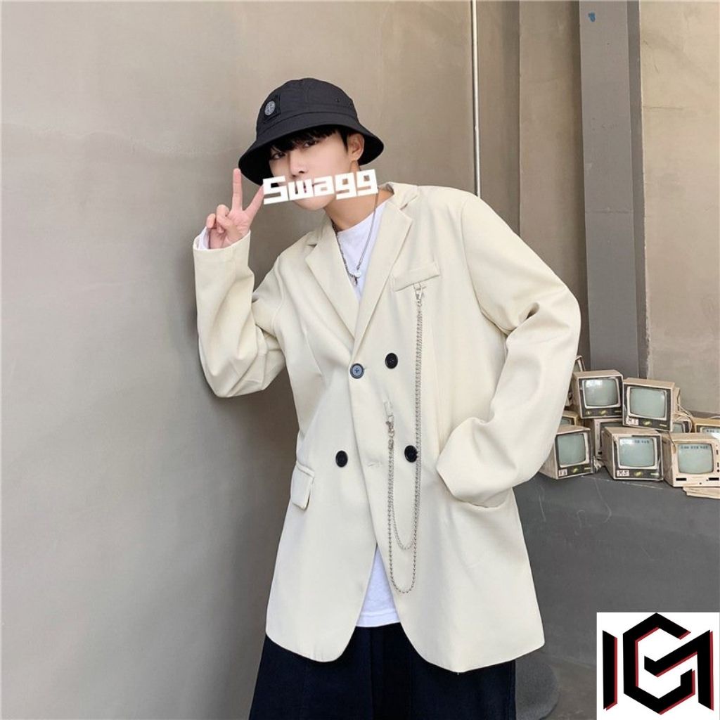 Áo blazer nam CHUMI form rộng unisex có kèm phụ kiện dây xích phong cách hàn quốc blz 283 | BigBuy360 - bigbuy360.vn