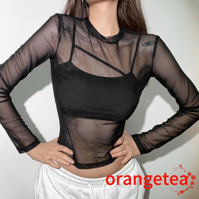 ORT-Women´s Adjustable Vest + Long Sleeve Crew Neck See-Through Mesh T-Shirt Streetwear Two-Piece Set