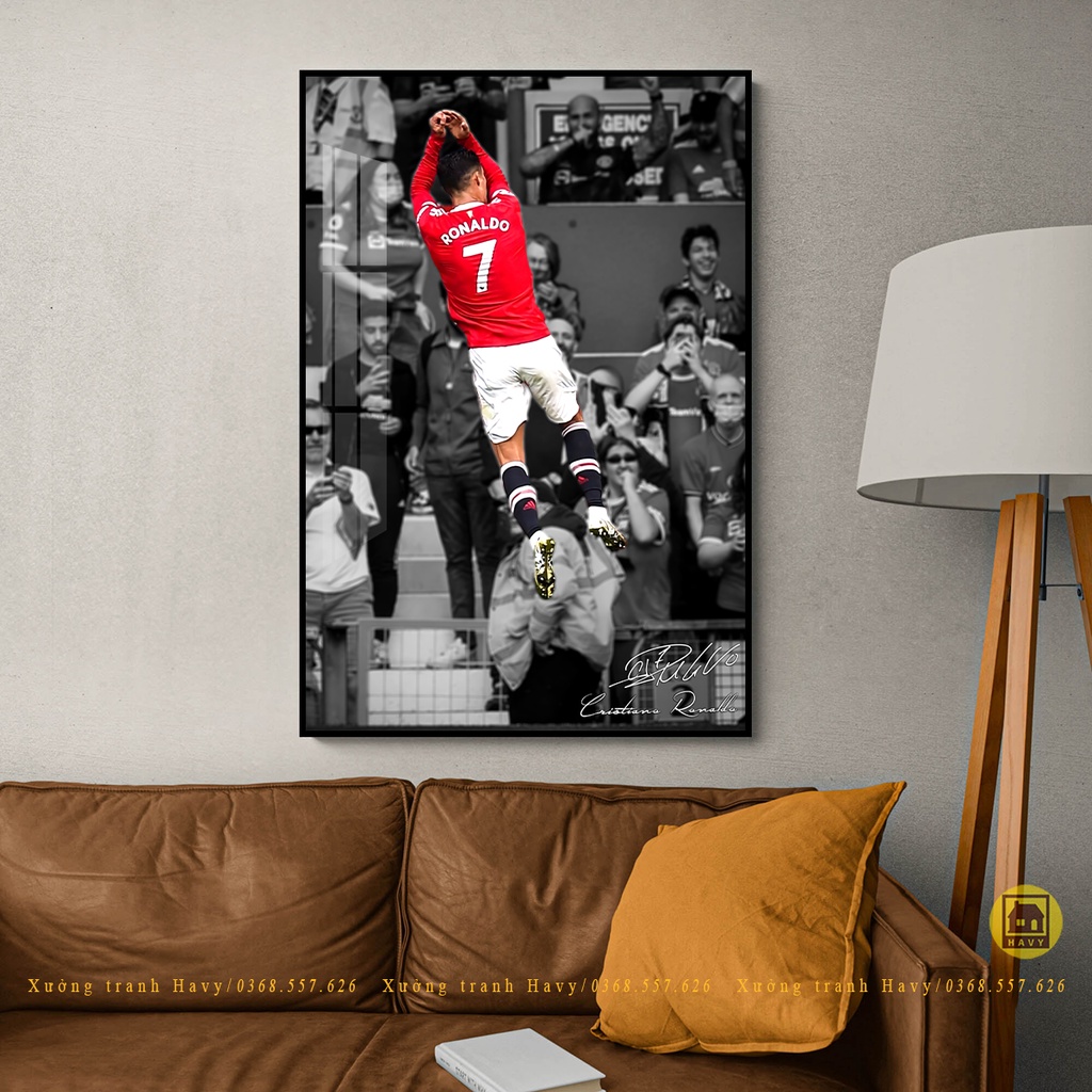 Tranh bóng đá treo tường Ronaldo CR7 mica gương cao cấp khung viền compoxit chống ẩm mốc mói mọt