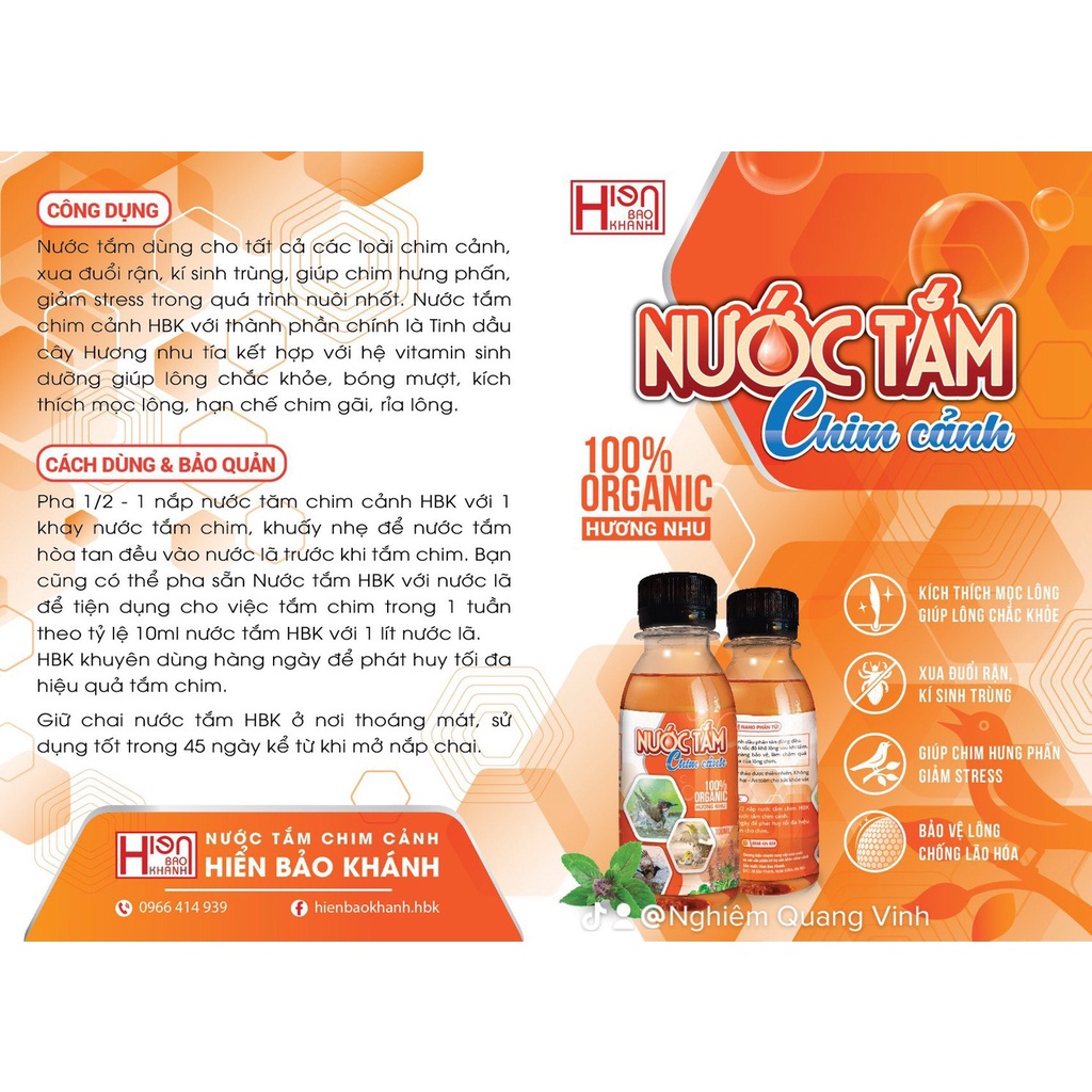 Nước tắm chim cảnh Hiển Bảo Khánh -  Chiết xuất 100% từ tinh dầu cây Hương Nhu Tía
