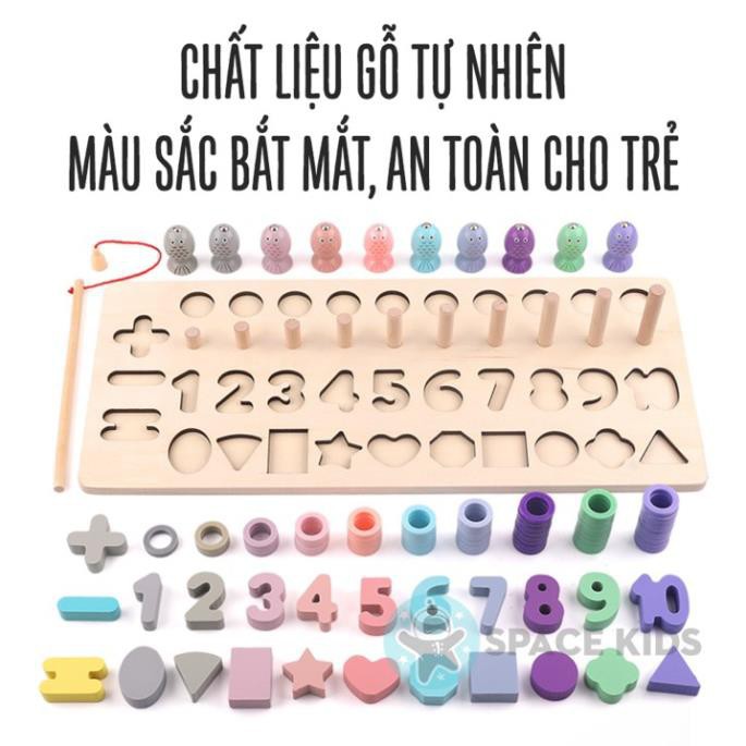 Đồ chơi gỗ thông minh 4 trong 1 cỡ lớn cho trẻ em học số, cột tính, ghép hình khối và câu cá - Space Kids