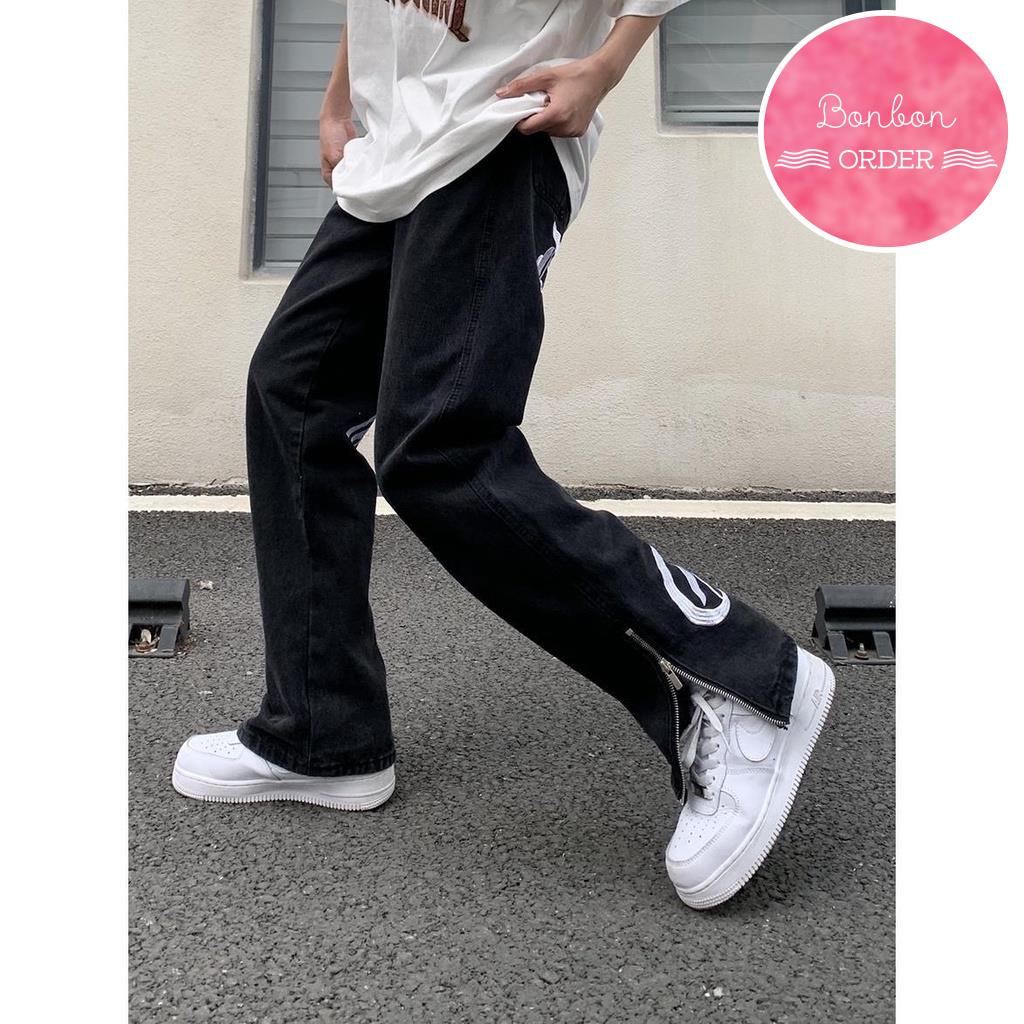 QUẦN JEAN ULZZANG ỐNG RỘNG PHỐI CHỮ -