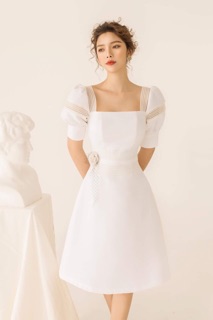 Đầm tay phồng đính hoa eo