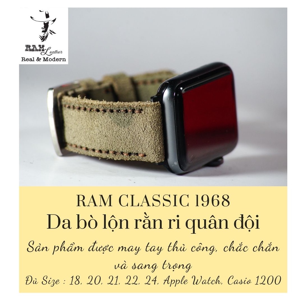 Dây đồng hồ da bò thật rằn ri quân đội handmade bền chắc cao cấp RAM Leather 1968 - tặng khóa chốt và cây thay dây