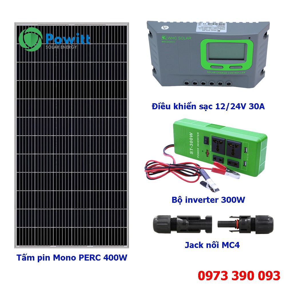 COMBO tấm pin năng lượng mặt trời Mono PERC 400W + ổ cắm biến tần 12V/24V + Bộ điều khiển sạc 12V/24V 30A + Jack MC4