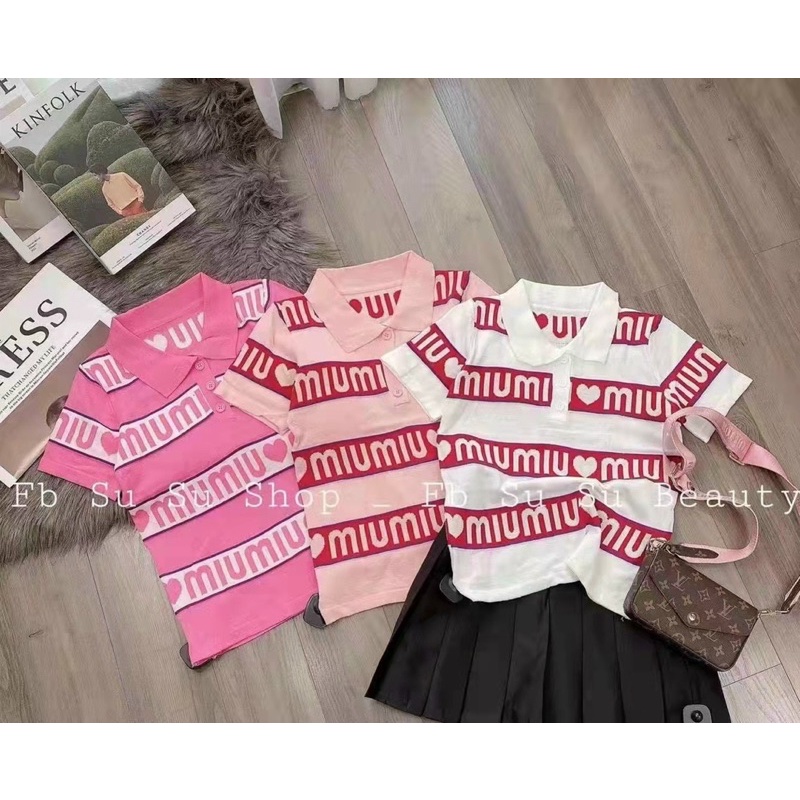 Áo len Polo form rộng in chữ MM, Áo kiểu len cổ bẻ ngắn tay co giãn AL7802 - NhiNhi Shop