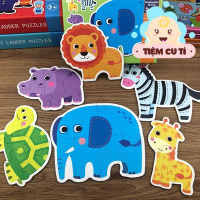 Puzzle 6 cấp độ, Đồ Chơi Xếp Hình Chủ Đề động vật, phương tiện giao thông cho bé phát triển tư duy chính hãng Maoronron