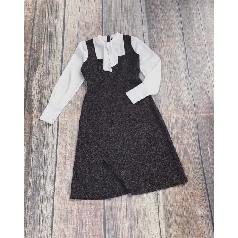 [Mã FAGREEN1505 giảm tới 30K đơn 99K] Váy dạ pha tay sơmi thiết kế nơ cổ siêu sang (có hình thật/video/sẵn) | BigBuy360 - bigbuy360.vn