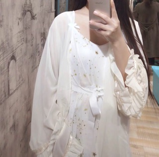 [Hàng oder] Set váy trắng hai dây đính sao