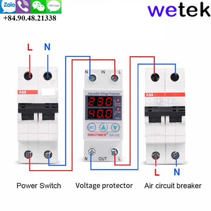 Relay  bảo vệ điện áp 220V, 63A, , cao áp, thấp áp, mất trung tính,quá dòng, Sinotimer SVP-916-63A, LED hiện dòng