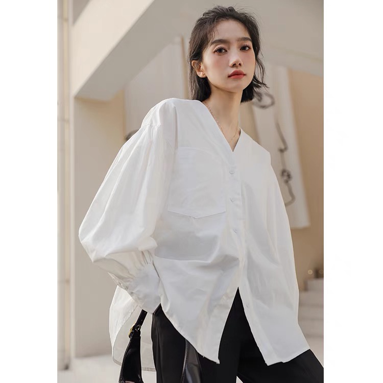 𝗺𝗶𝗲 𝘀𝘁𝘂𝗱𝗶𝗼 - SẴN Áo sơ mi tay phồng cách điệu cổ V nữ tính