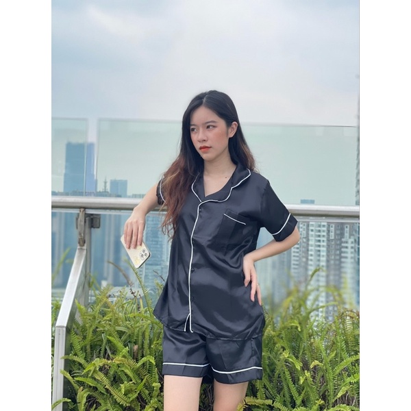 Bộ đồ ngủ nữ lụa pijama bigsize đen Merly Official, Pyjama lụa mặc nhà