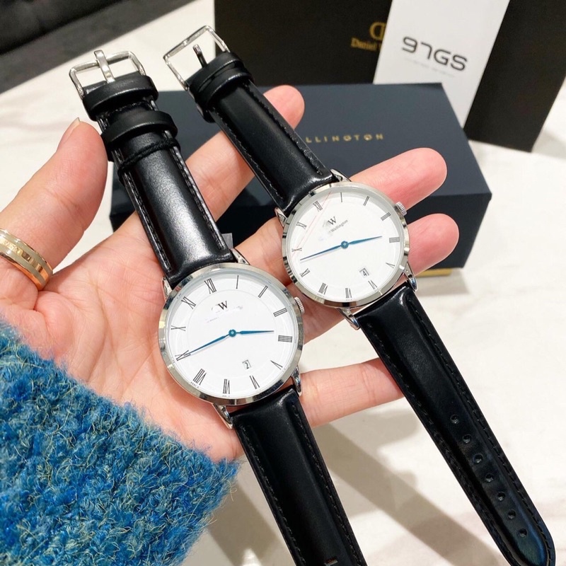 Đồng hồ nam W , Nữ W dây da may chỉ kim xanh có lịch size 34mm 38mm