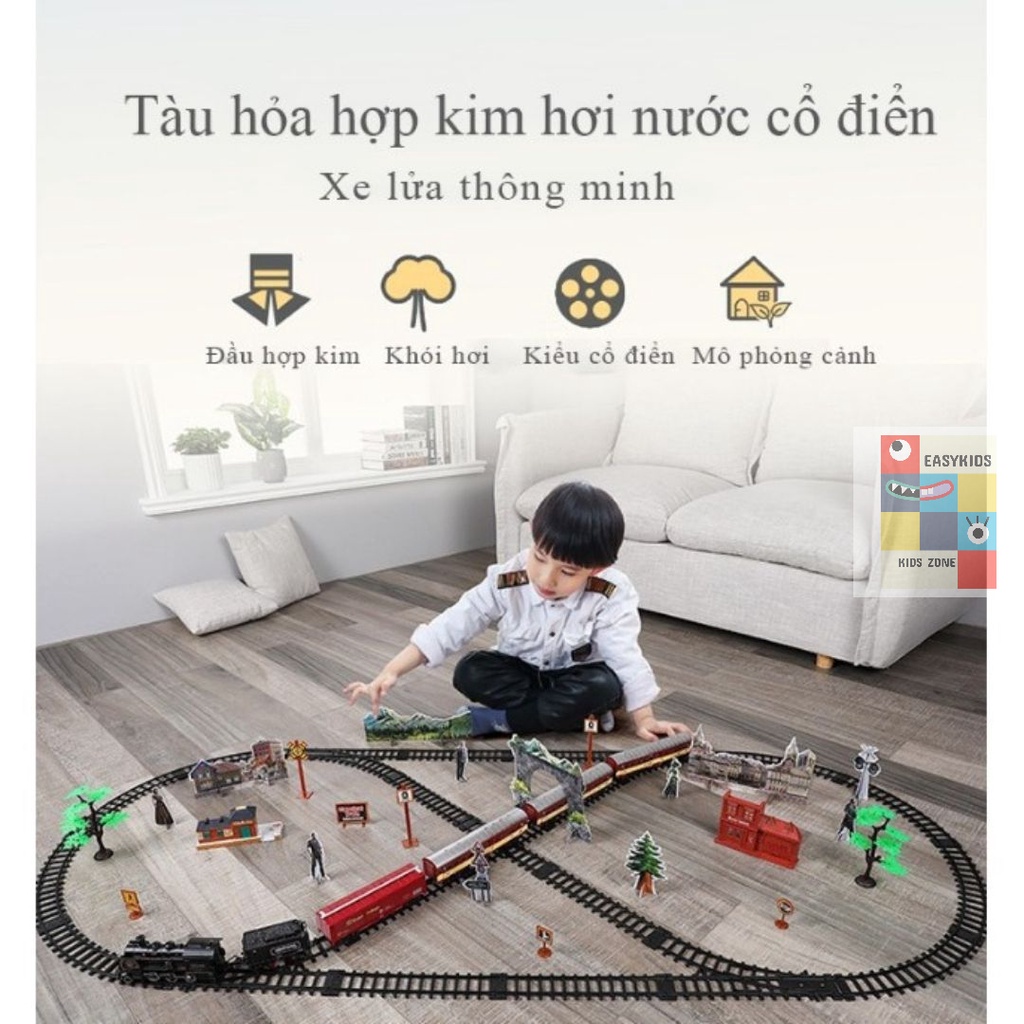 Đồ chơi tàu hỏa, mô hình tàu hoả cổ điển EASYKIDS chạy trên đường ray, nhả hơi nước, có đèn và âm thanh
